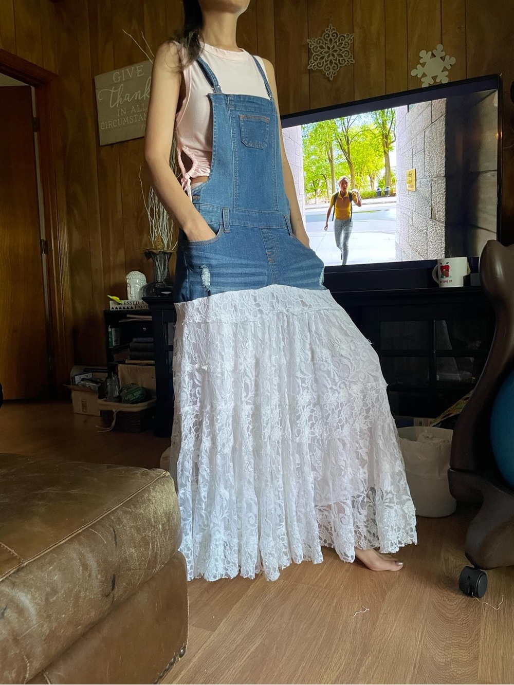 Women’s Blue Denim Overalls with White Lace Maxi Skirt